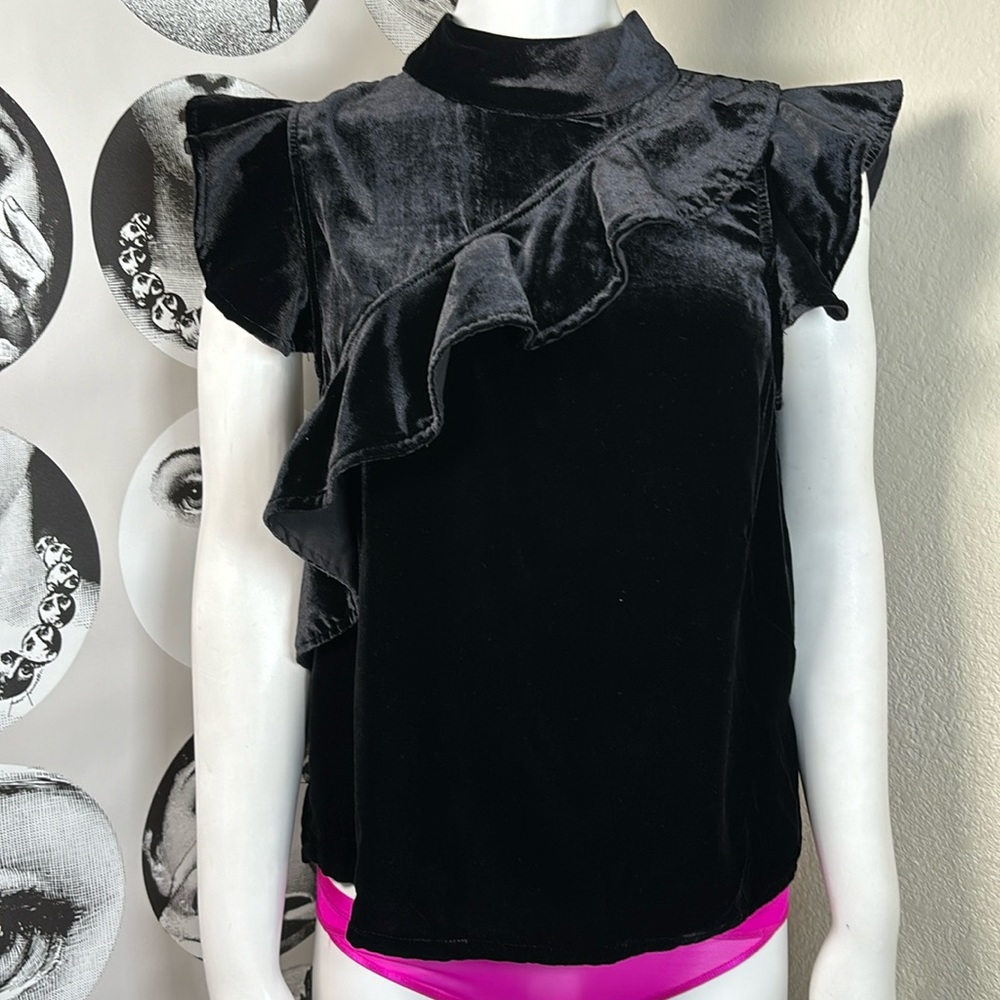 McGuire Black Sorbonne Mock Turtleneck Velvet Top w/ Ruffle Cap Sleeves, Sz M